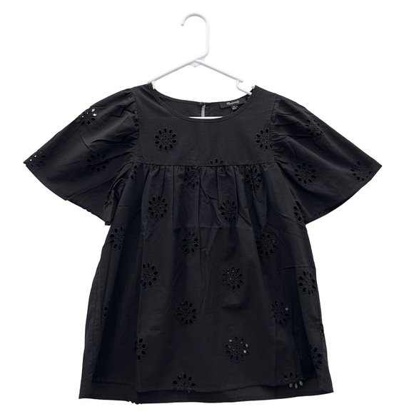 NEW MADEWELL Black Cotton Daisy Eyelet Flutter-Sleeve Yoke Top Size XS NWT 0037 - Picture 3 of 10